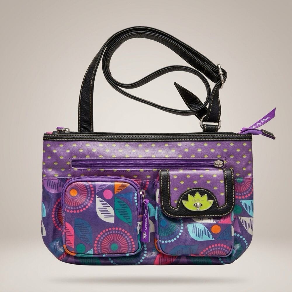 Lily Bloom Hobo Purple Blue Geometric Crossbody Bag Purse Adjustable Strap Logo